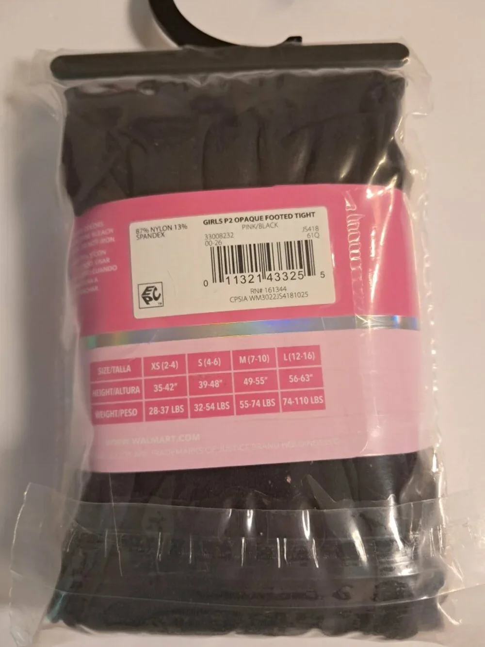 Justice Girls Pink Black Tights 2-Pack M 7-10